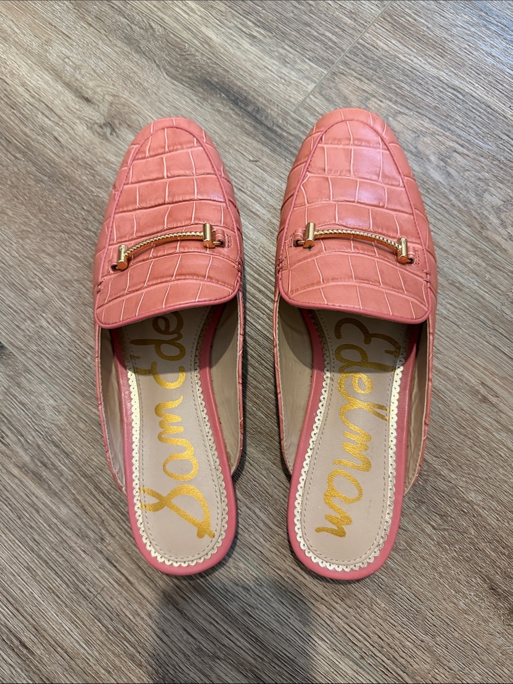 Sam Edelman Coral Croc-Embossed Backless Loafers with Gold Accent